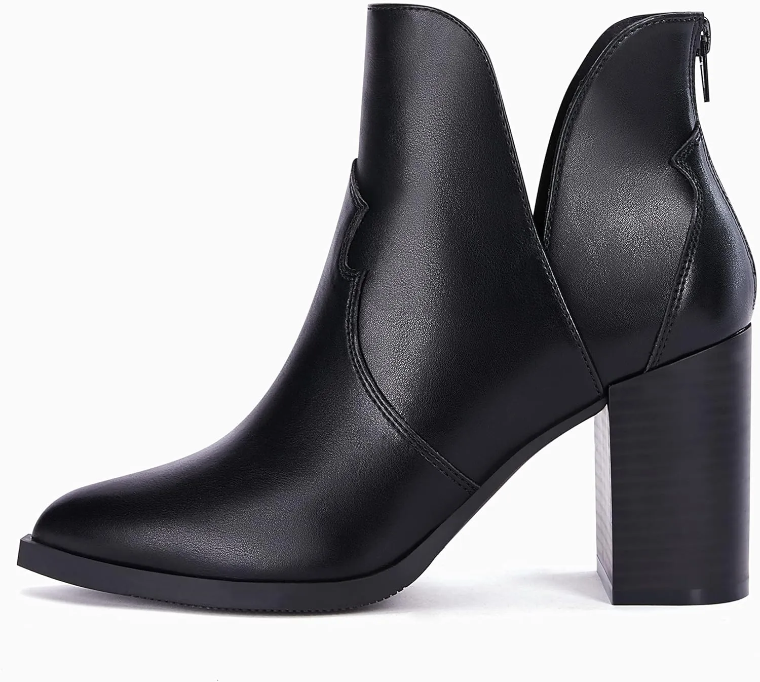 Coutgo Womens Cutout Ankle Boots Pointed Toe Chunky Heel Booties Back Zipper Slip on Western Boot Shoes