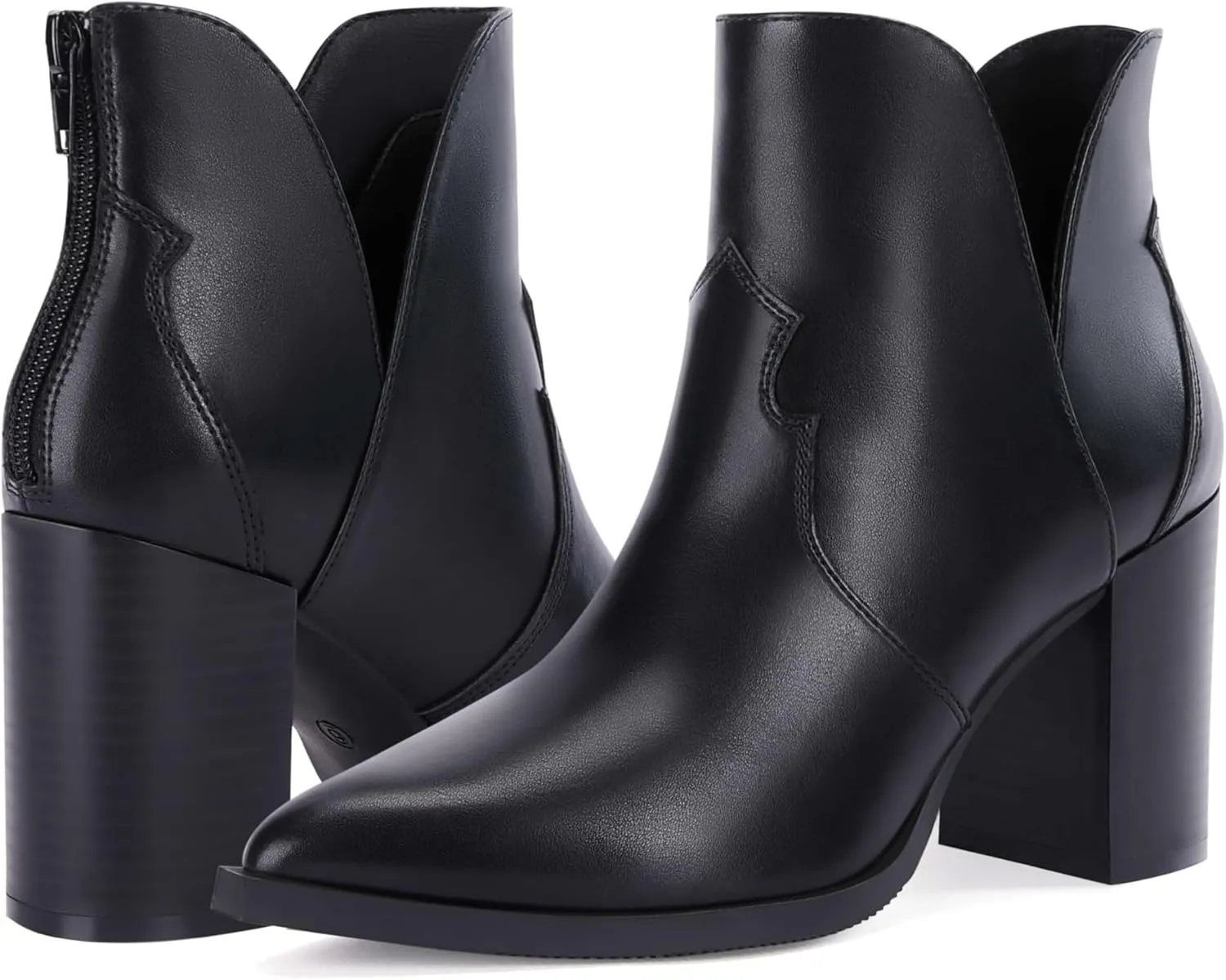 Coutgo Womens Cutout Ankle Boots Pointed Toe Chunky Heel Booties Back Zipper Slip on Western Boot Shoes