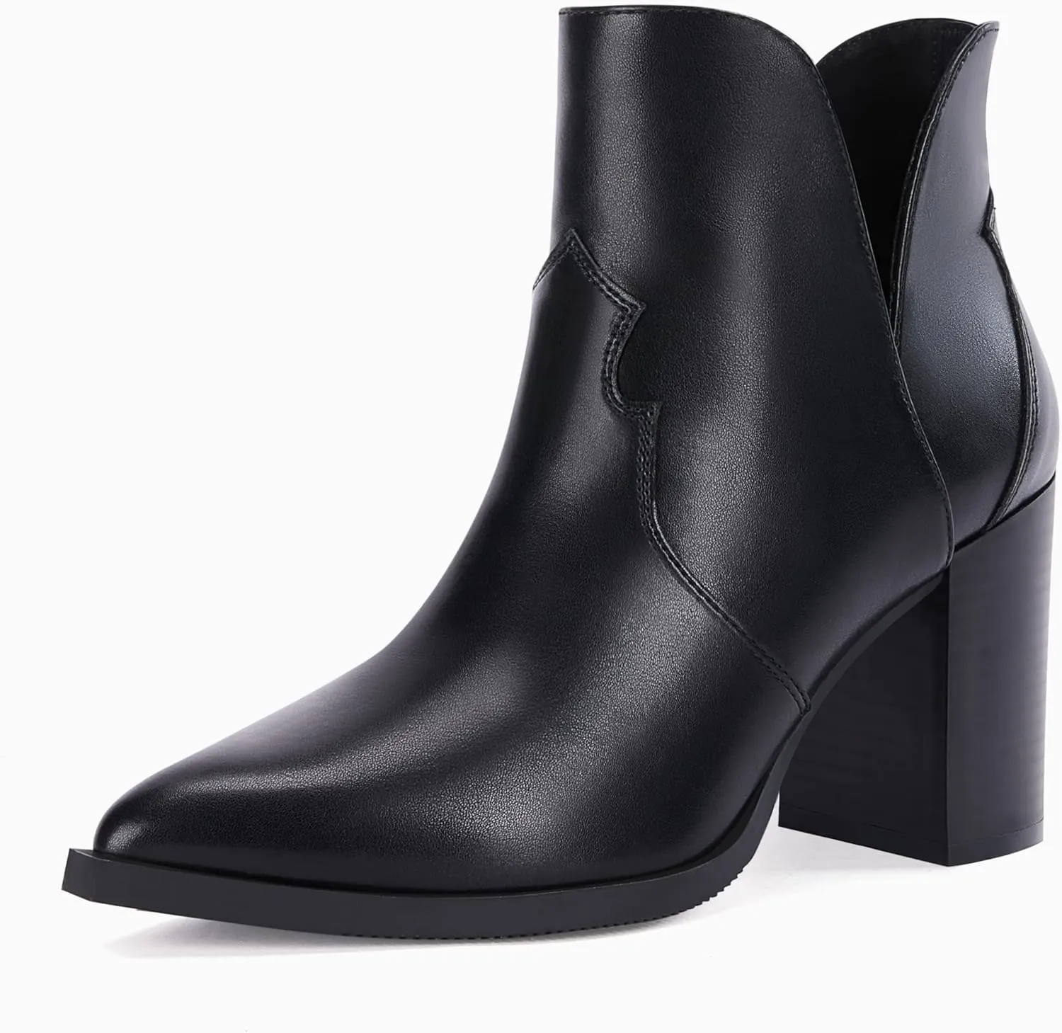 Coutgo Womens Cutout Ankle Boots Pointed Toe Chunky Heel Booties Back Zipper Slip on Western Boot Shoes