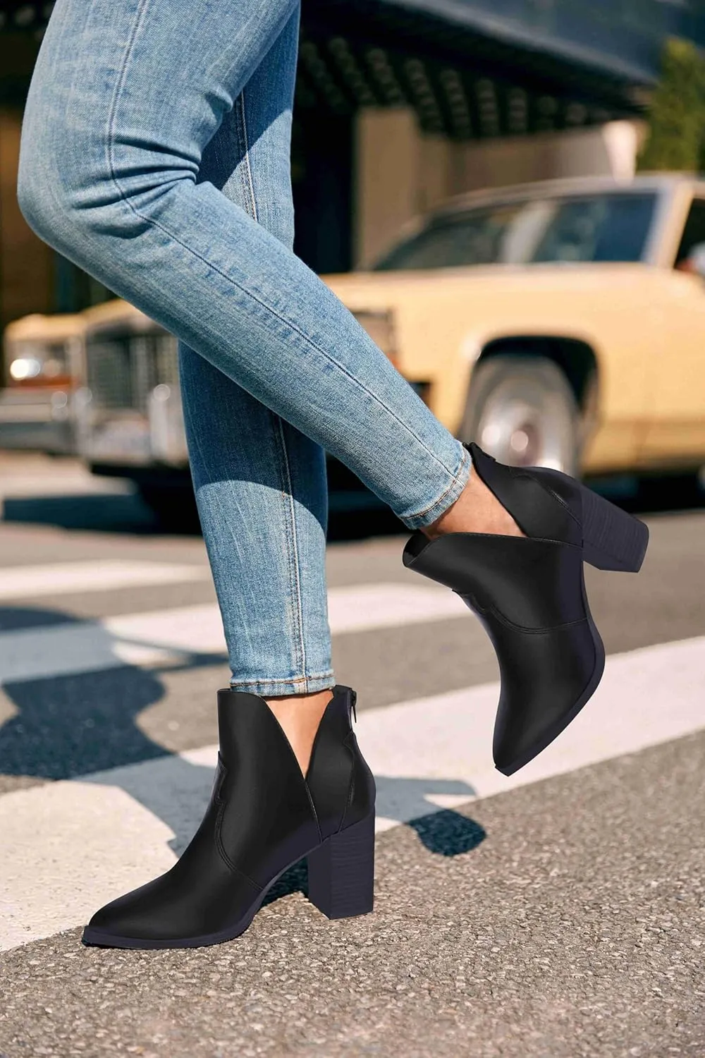 Coutgo Womens Cutout Ankle Boots Pointed Toe Chunky Heel Booties Back Zipper Slip on Western Boot Shoes