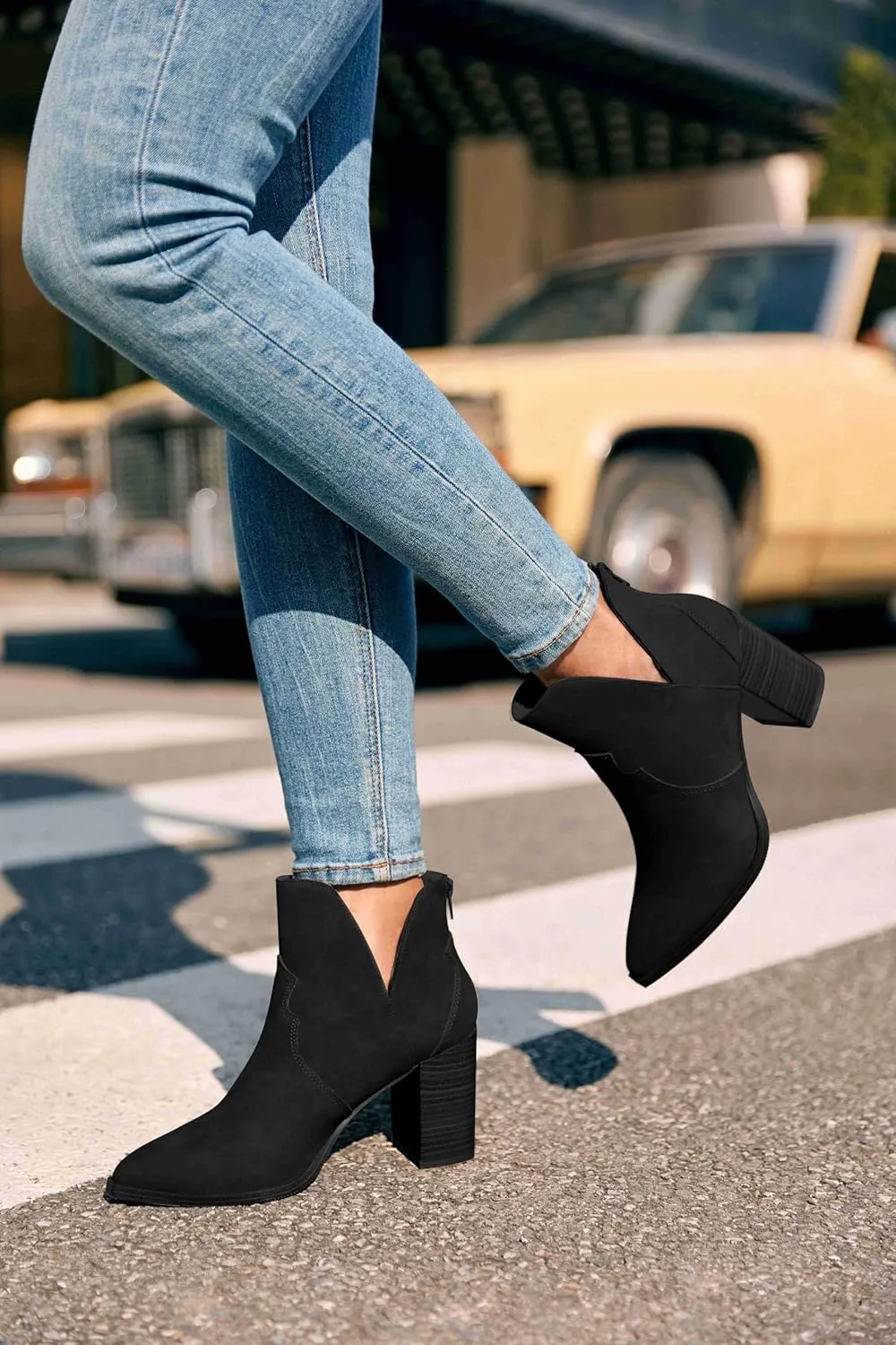 Coutgo Womens Cutout Ankle Boots Pointed Toe Chunky Heel Booties Back Zipper Slip on Western Boot Shoes