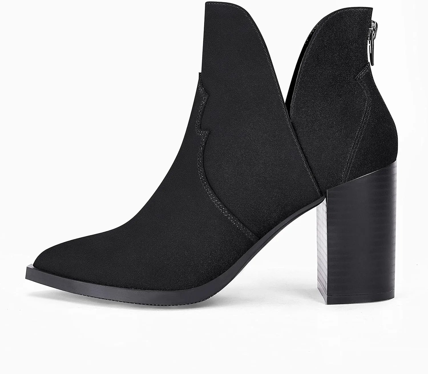 Coutgo Womens Cutout Ankle Boots Pointed Toe Chunky Heel Booties Back Zipper Slip on Western Boot Shoes