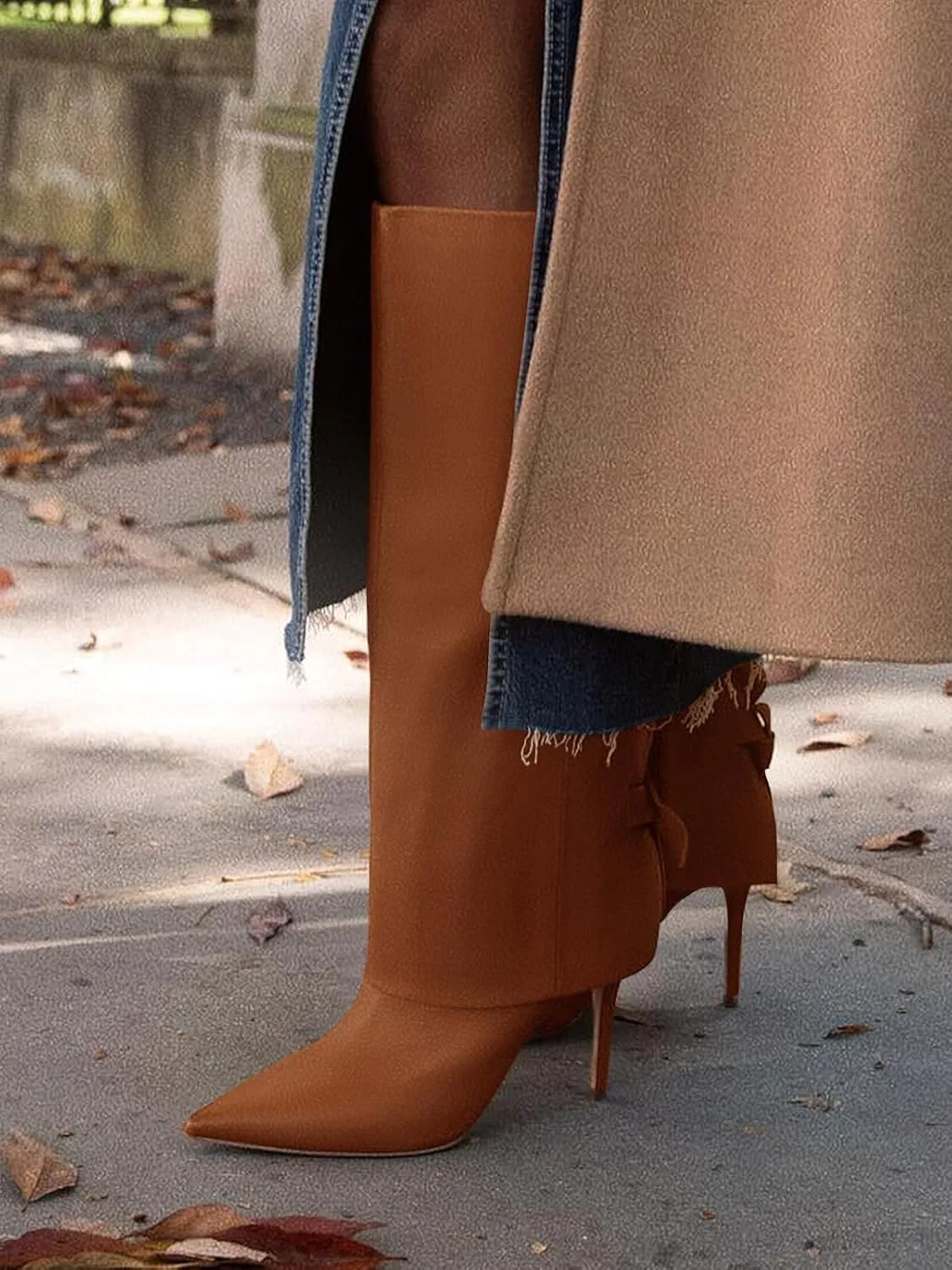 Coutgo Womens Knee High Boots Fold Over Pointed Toe Stiletto High Heel Boot Sexy Winter Tall Boots
