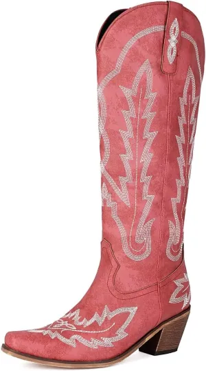 Cowboy Boots for Women - Classic Embroidered Western Cowgirl Knee Boots, Sharp Tip Thick Heel Side Zipper Retro Rural Fashion Tall Boots