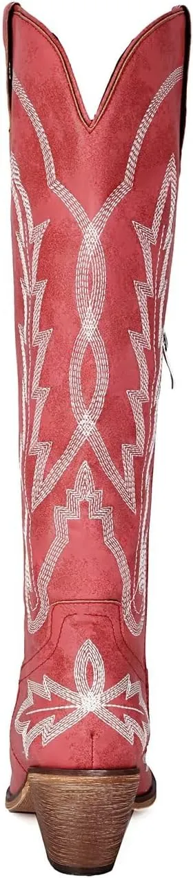 Cowboy Boots for Women - Classic Embroidered Western Cowgirl Knee Boots, Sharp Tip Thick Heel Side Zipper Retro Rural Fashion Tall Boots