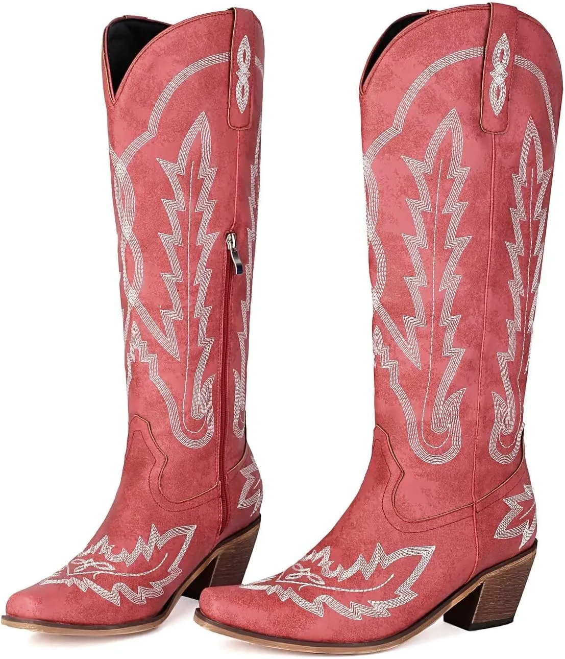 Cowboy Boots for Women - Classic Embroidered Western Cowgirl Knee Boots, Sharp Tip Thick Heel Side Zipper Retro Rural Fashion Tall Boots