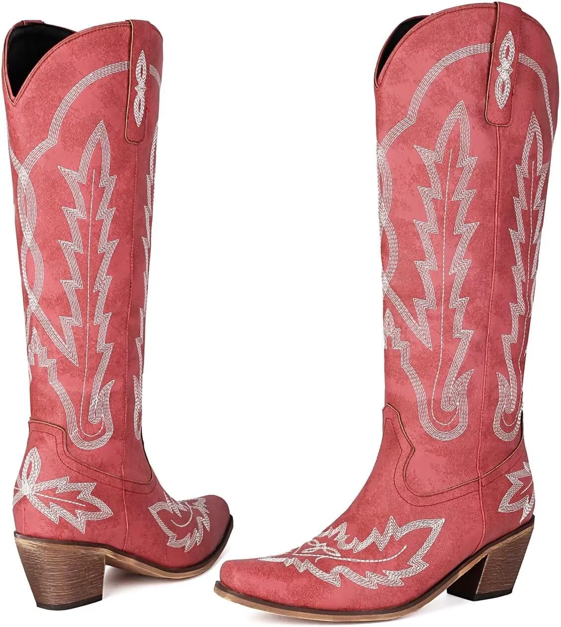 Cowboy Boots for Women - Classic Embroidered Western Cowgirl Knee Boots, Sharp Tip Thick Heel Side Zipper Retro Rural Fashion Tall Boots