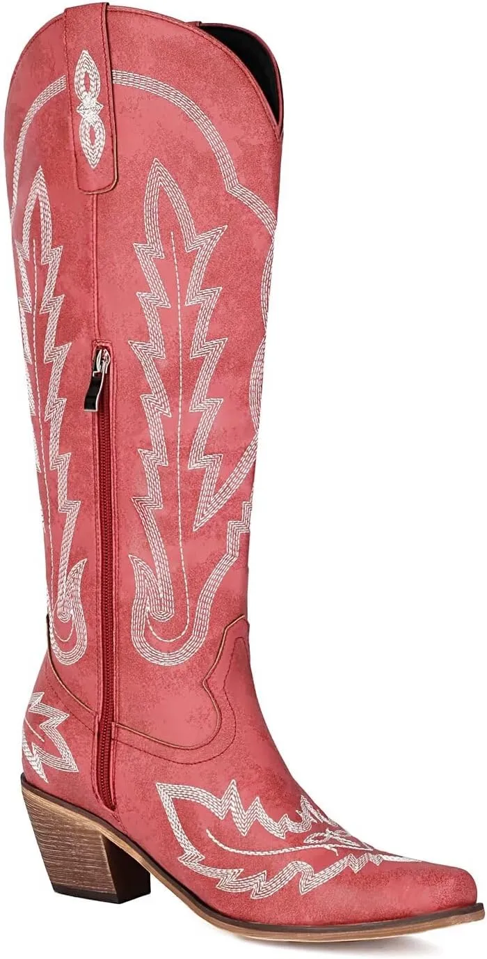 Cowboy Boots for Women - Classic Embroidered Western Cowgirl Knee Boots, Sharp Tip Thick Heel Side Zipper Retro Rural Fashion Tall Boots