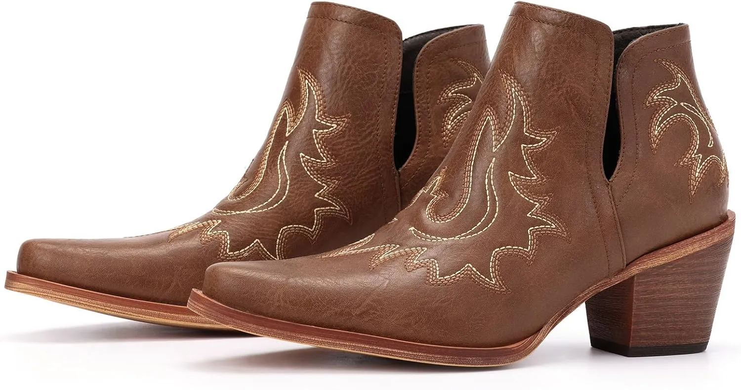Cowboy Boots for Women - Western Ankle Boots, Chunky Heels Fall Short Booties (UNDERSIZE: PLEASE SELECT SIZE UP)