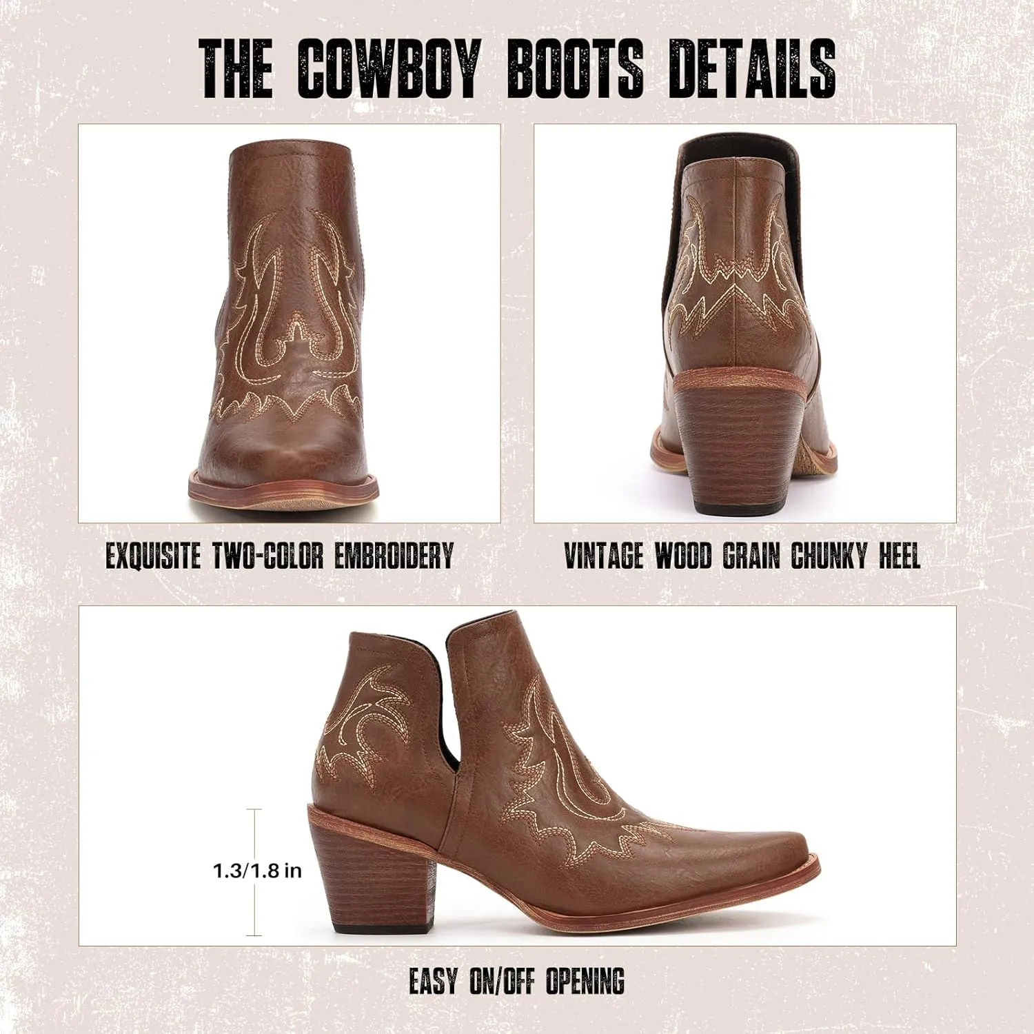 Cowboy Boots for Women - Western Ankle Boots, Chunky Heels Fall Short Booties (UNDERSIZE: PLEASE SELECT SIZE UP)