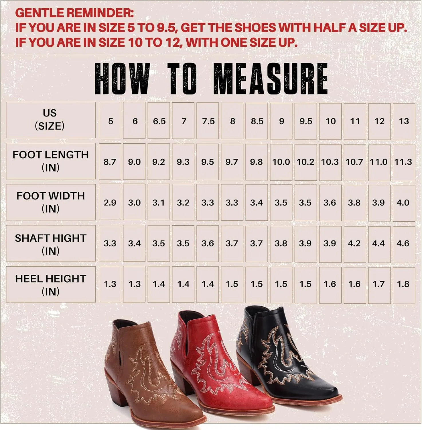 Cowboy Boots for Women - Western Ankle Boots, Chunky Heels Fall Short Booties (UNDERSIZE: PLEASE SELECT SIZE UP)