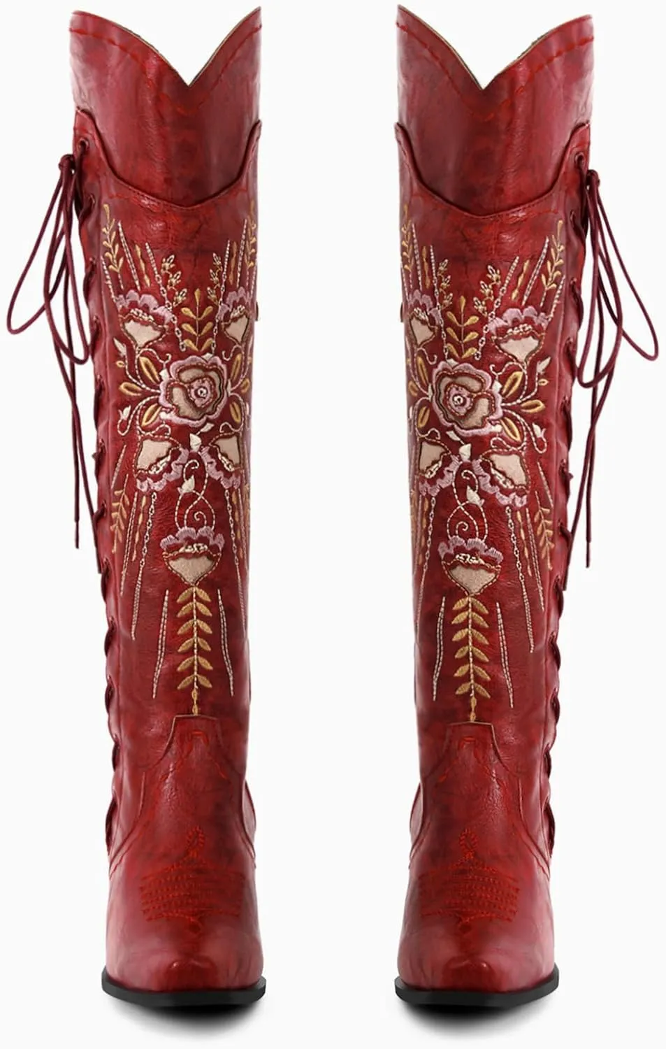 Cowboy Boots for Women Wide Calf Embroidered Western Cowgirl Boots Pointed Toe Over-The-Knee High Lace-Up Boots