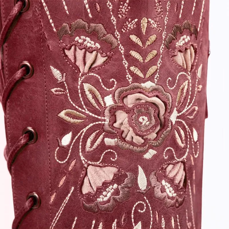 Cowboy Boots for Women Wide Calf Embroidered Western Cowgirl Boots Pointed Toe Over-The-Knee High Lace-Up Boots
