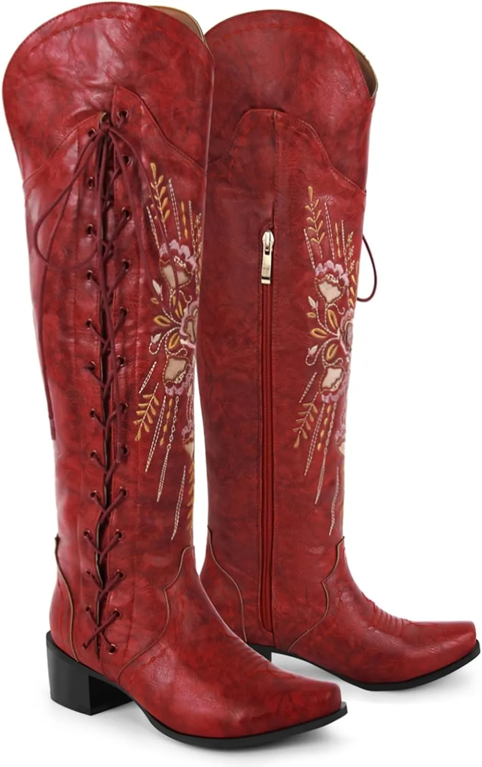 Cowboy Boots for Women Wide Calf Embroidered Western Cowgirl Boots Pointed Toe Over-The-Knee High Lace-Up Boots