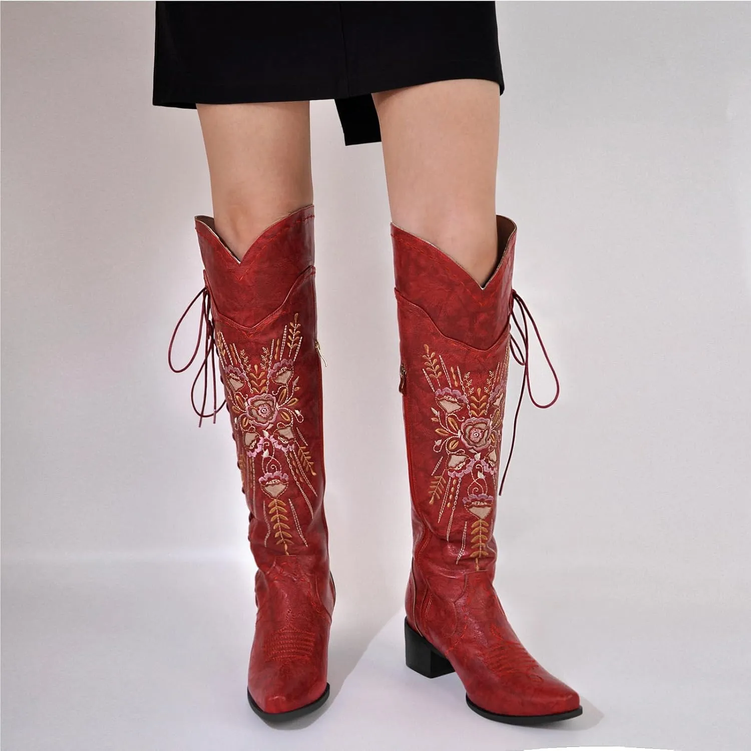 Cowboy Boots for Women Wide Calf Embroidered Western Cowgirl Boots Pointed Toe Over-The-Knee High Lace-Up Boots