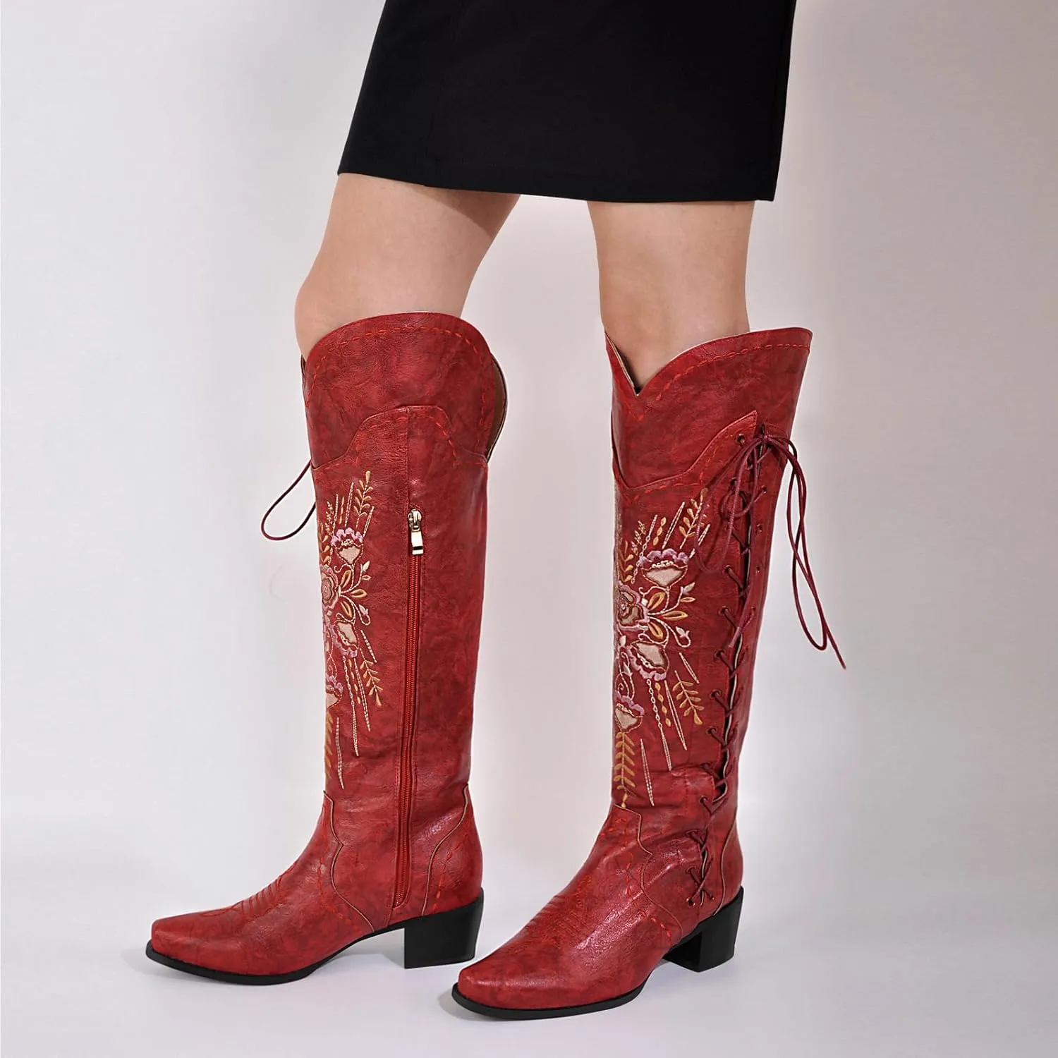 Cowboy Boots for Women Wide Calf Embroidered Western Cowgirl Boots Pointed Toe Over-The-Knee High Lace-Up Boots