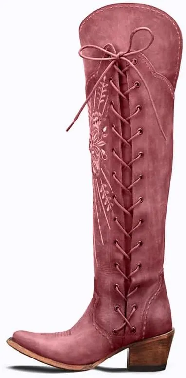 Cowboy Boots for Women Wide Calf Embroidered Western Cowgirl Boots Pointed Toe Over-The-Knee High Lace-Up Boots