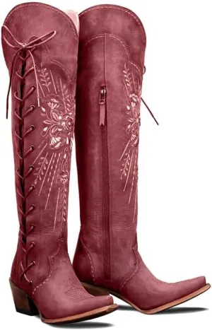 Cowboy Boots for Women Wide Calf Embroidered Western Cowgirl Boots Pointed Toe Over-The-Knee High Lace-Up Boots