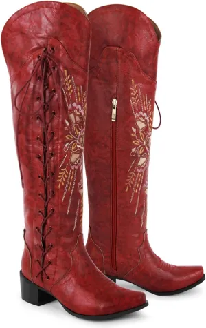 Cowboy Boots for Women Wide Calf Embroidered Western Cowgirl Boots Pointed Toe Over-The-Knee High Lace-Up Boots