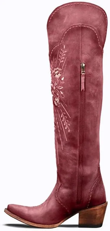 Cowboy Boots for Women Wide Calf Embroidered Western Cowgirl Boots Pointed Toe Over-The-Knee High Lace-Up Boots