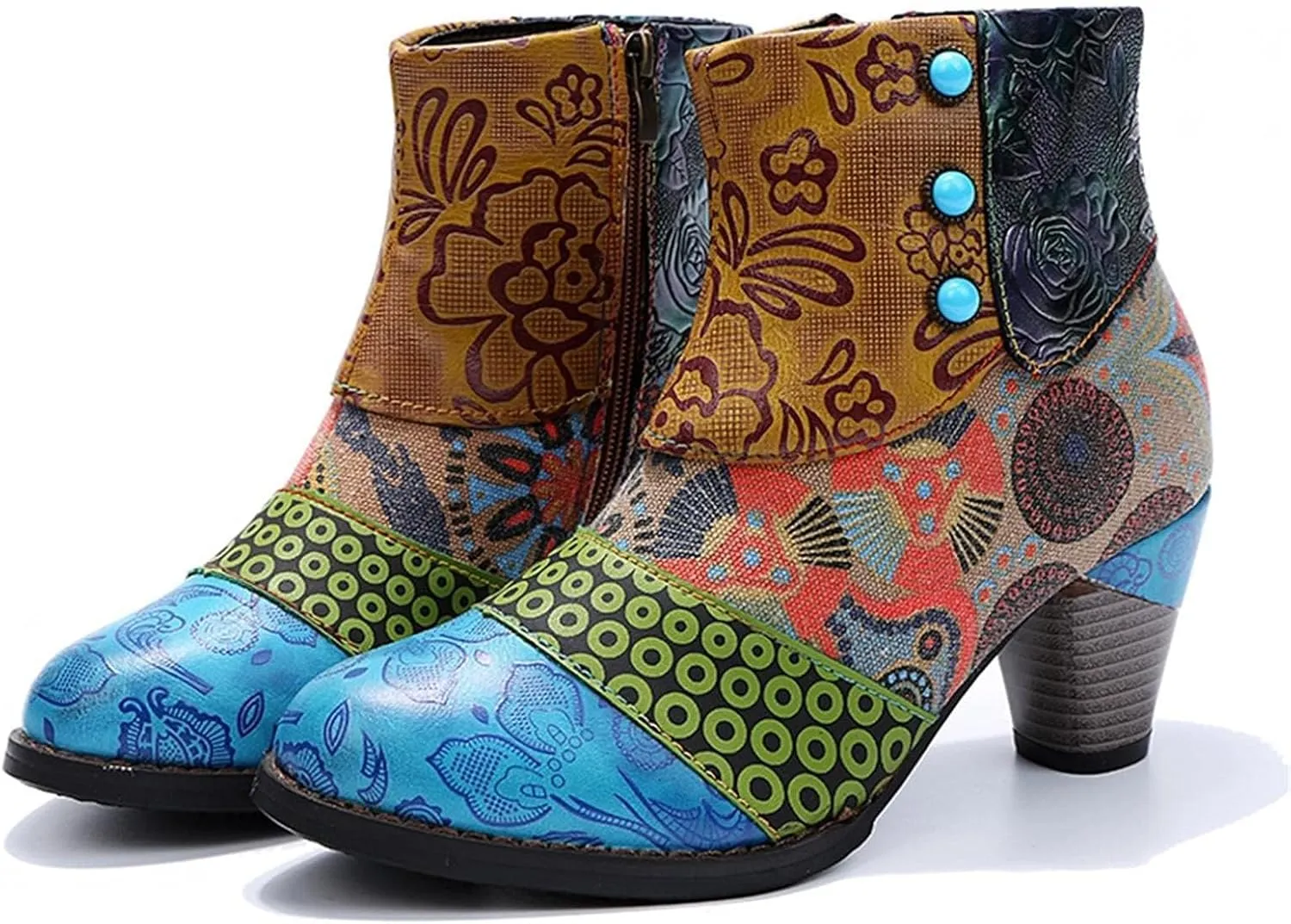 Cowboy Boots Woman 2024 Retro Lambskin High Heel Boots，Leather Round Toe Pump Ankle Booties Trendy Chunky High Heels Dress Short Boots for Ladies