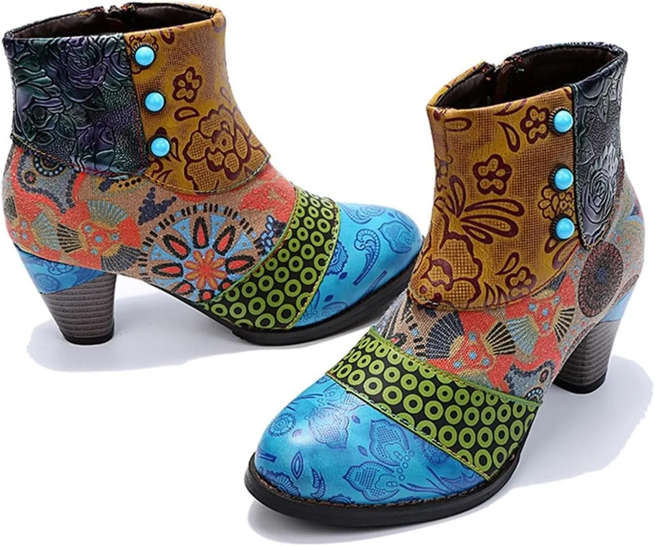 Cowboy Boots Woman 2024 Retro Lambskin High Heel Boots，Leather Round Toe Pump Ankle Booties Trendy Chunky High Heels Dress Short Boots for Ladies