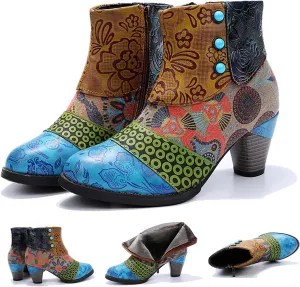 Cowboy Boots Woman 2024 Retro Lambskin High Heel Boots，Leather Round Toe Pump Ankle Booties Trendy Chunky High Heels Dress Short Boots for Ladies
