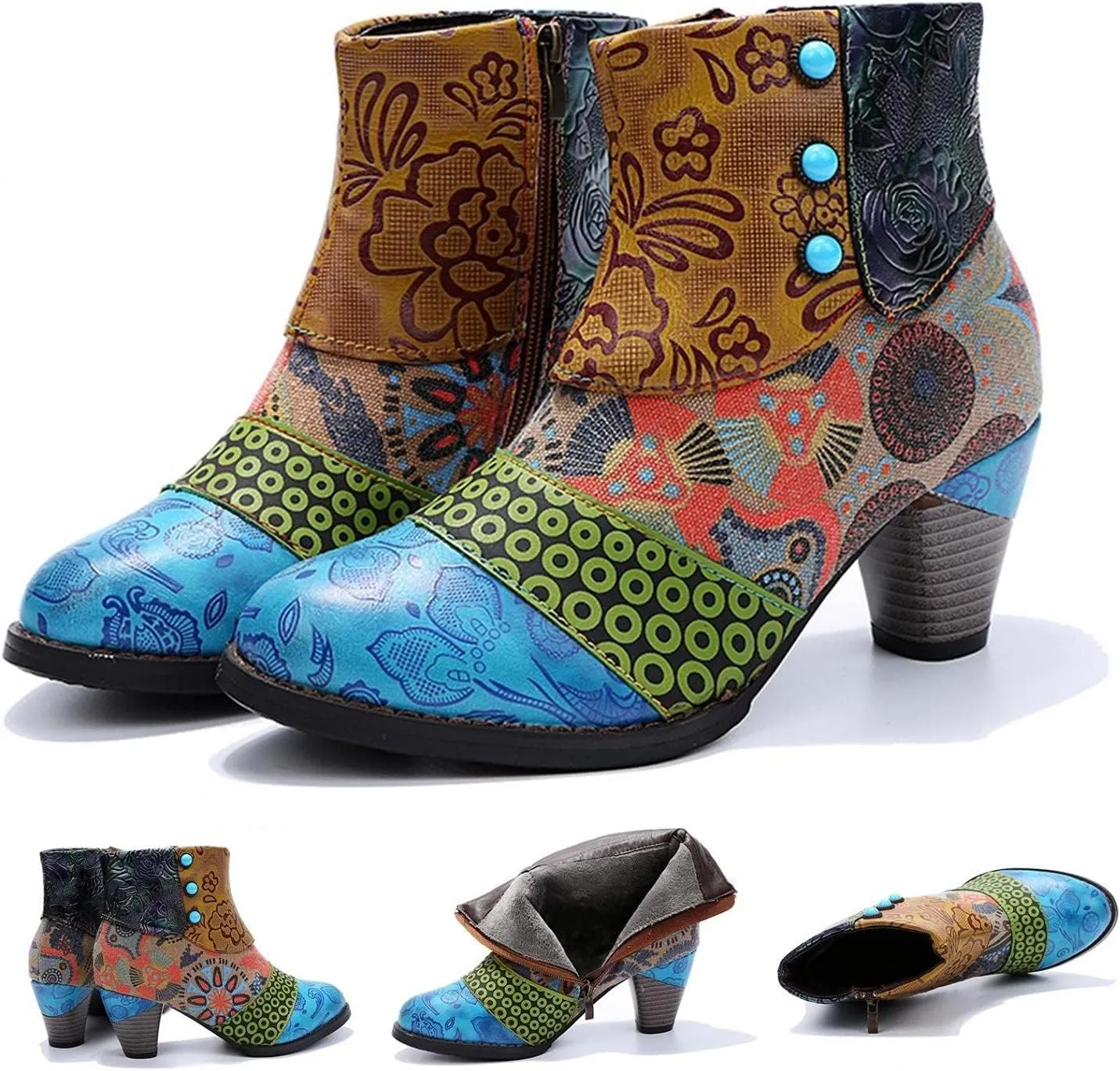 Cowboy Boots Woman 2024 Retro Lambskin High Heel Boots，Leather Round Toe Pump Ankle Booties Trendy Chunky High Heels Dress Short Boots for Ladies
