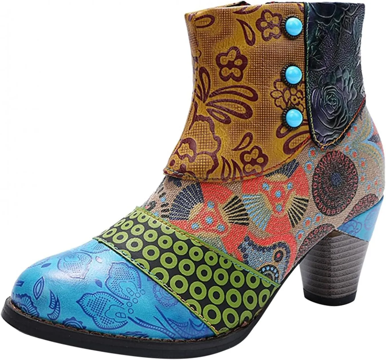 Cowboy Boots Woman 2024 Retro Lambskin High Heel Boots，Leather Round Toe Pump Ankle Booties Trendy Chunky High Heels Dress Short Boots for Ladies