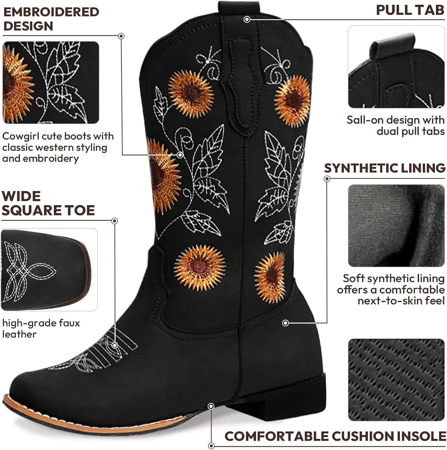 Cowboy Boots Women Sunflower Embroidered Western Cowgirl Boots Square Toe Tall for All Season Occasions, Brown