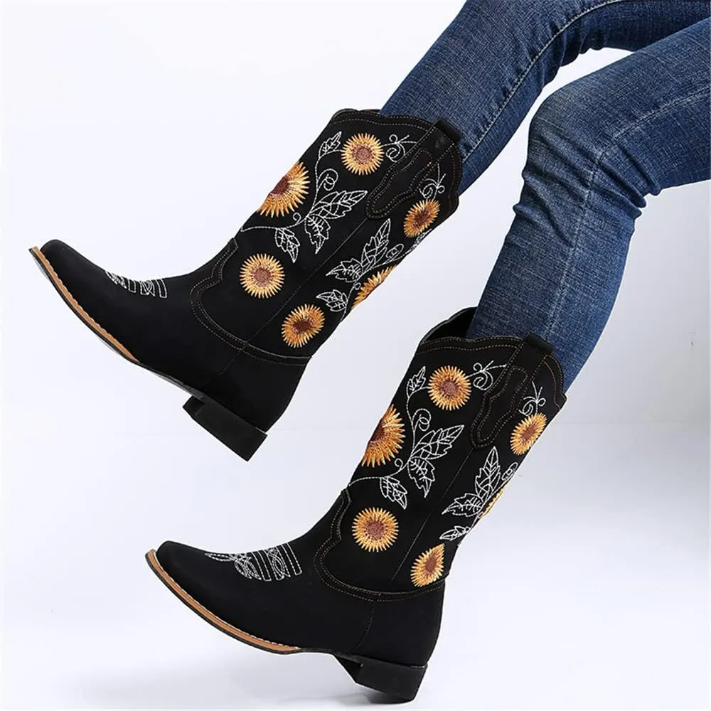 Cowboy Boots Women Sunflower Embroidered Western Cowgirl Boots Square Toe Tall for All Season Occasions, Brown