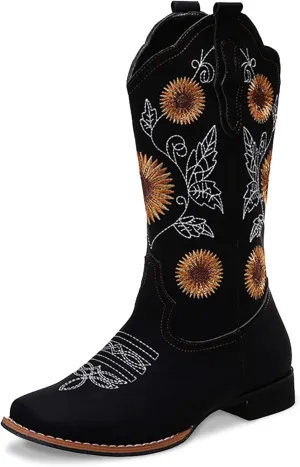 Cowboy Boots Women Sunflower Embroidered Western Cowgirl Boots Square Toe Tall for All Season Occasions, Brown