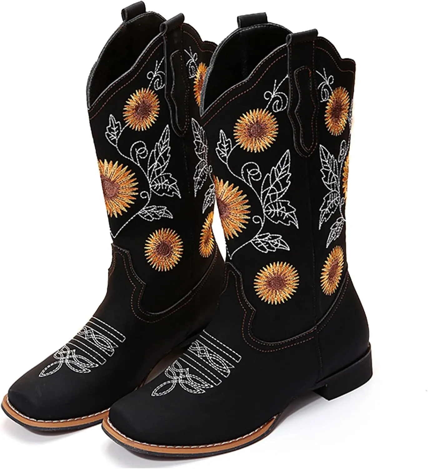 Cowboy Boots Women Sunflower Embroidered Western Cowgirl Boots Square Toe Tall for All Season Occasions, Brown