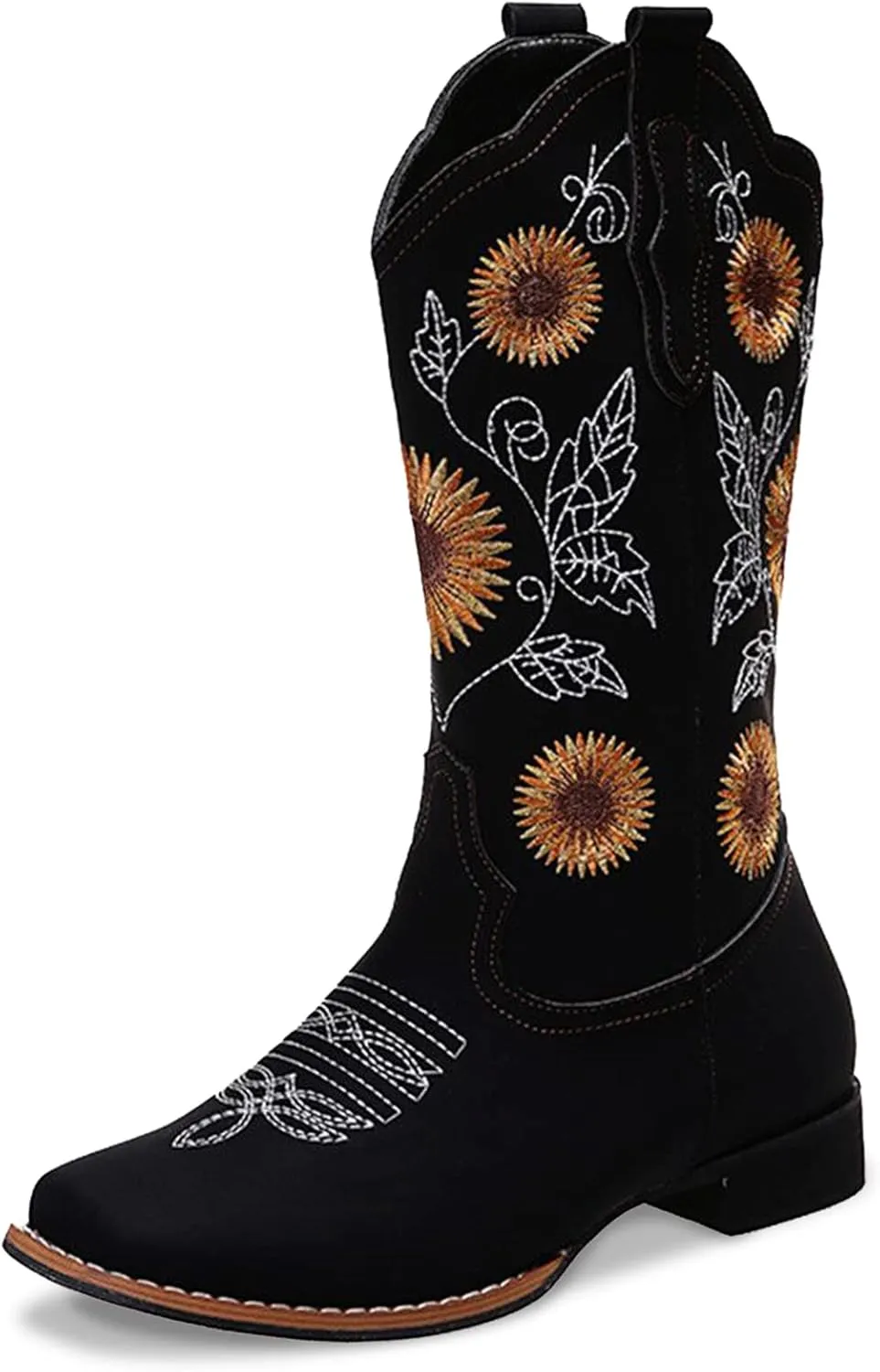 Cowboy Boots Women Sunflower Embroidered Western Cowgirl Boots Square Toe Tall for All Season Occasions, Brown