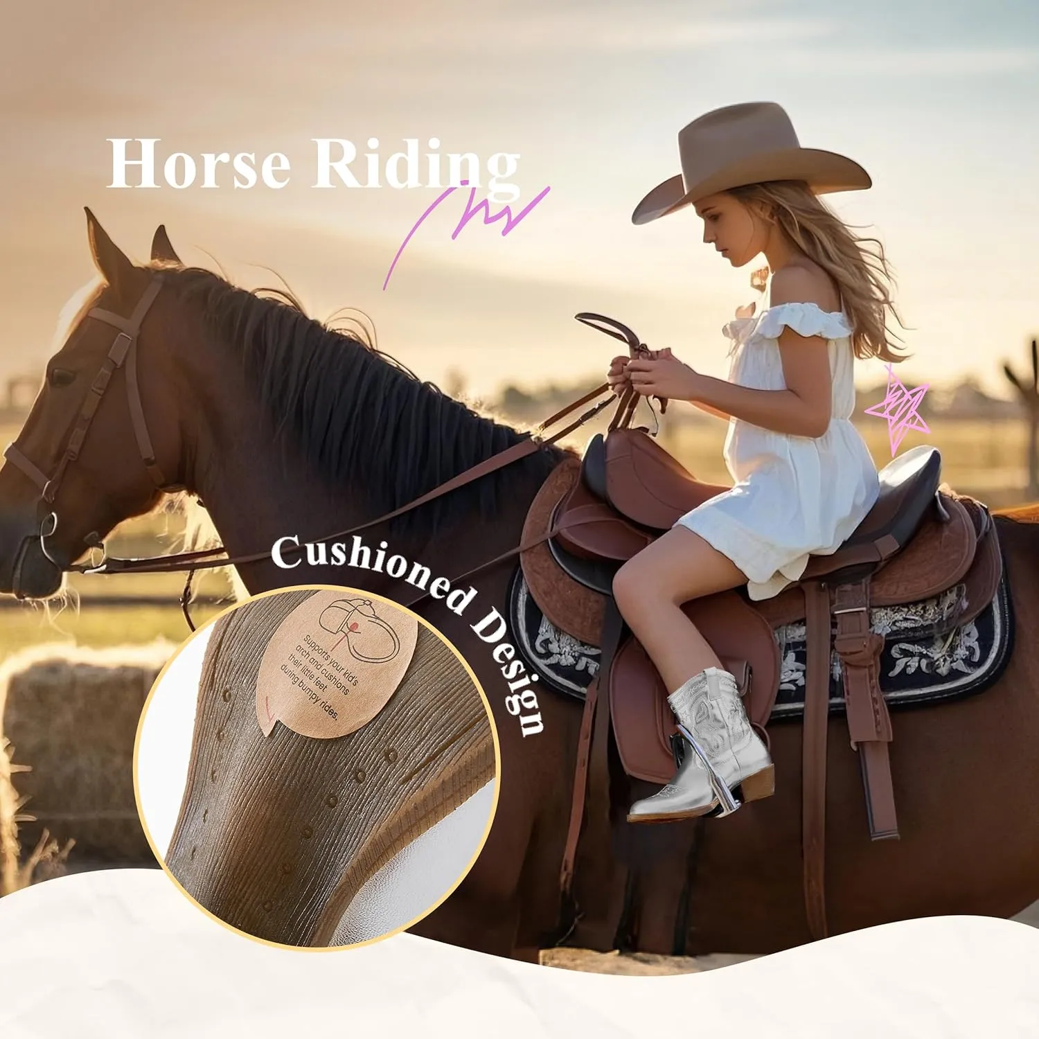 Cowgirl Boots Girls Little Big Kids Cowboy Western Boots Boys Metallic Horse Riding Shoes Short Calf Sparkly Star Embroidered Pointed Round Toe Side Zipper Low Heel Party Birthday Country Pull on