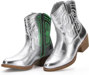 Cowgirl Boots Girls Little Big Kids Cowboy Western Boots Boys Metallic Horse Riding Shoes Short Calf Sparkly Star Embroidered Pointed Round Toe Side Zipper Low Heel Party Birthday Country Pull on