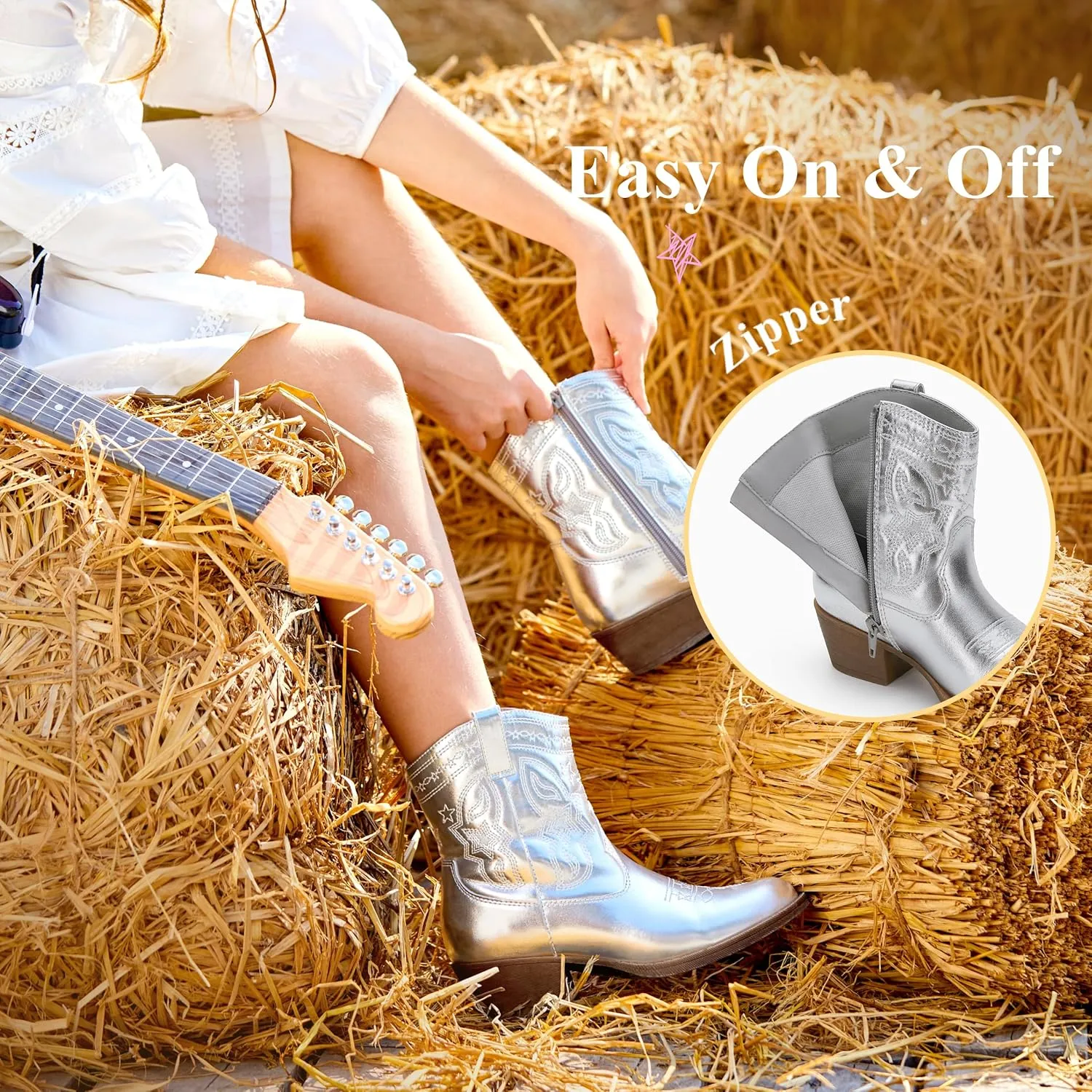Cowgirl Boots Girls Little Big Kids Cowboy Western Boots Boys Metallic Horse Riding Shoes Short Calf Sparkly Star Embroidered Pointed Round Toe Side Zipper Low Heel Party Birthday Country Pull on
