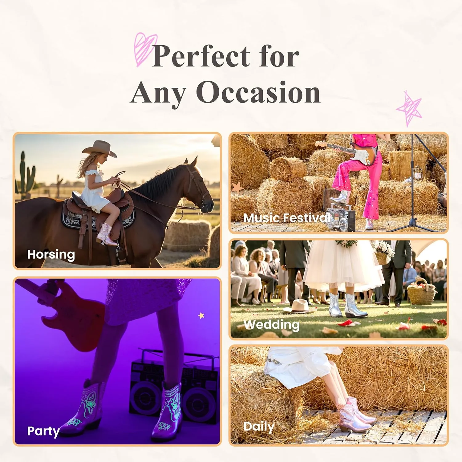 Cowgirl Boots Girls Little Big Kids Cowboy Western Boots Boys Metallic Horse Riding Shoes Short Calf Sparkly Star Embroidered Pointed Round Toe Side Zipper Low Heel Party Birthday Country Pull on
