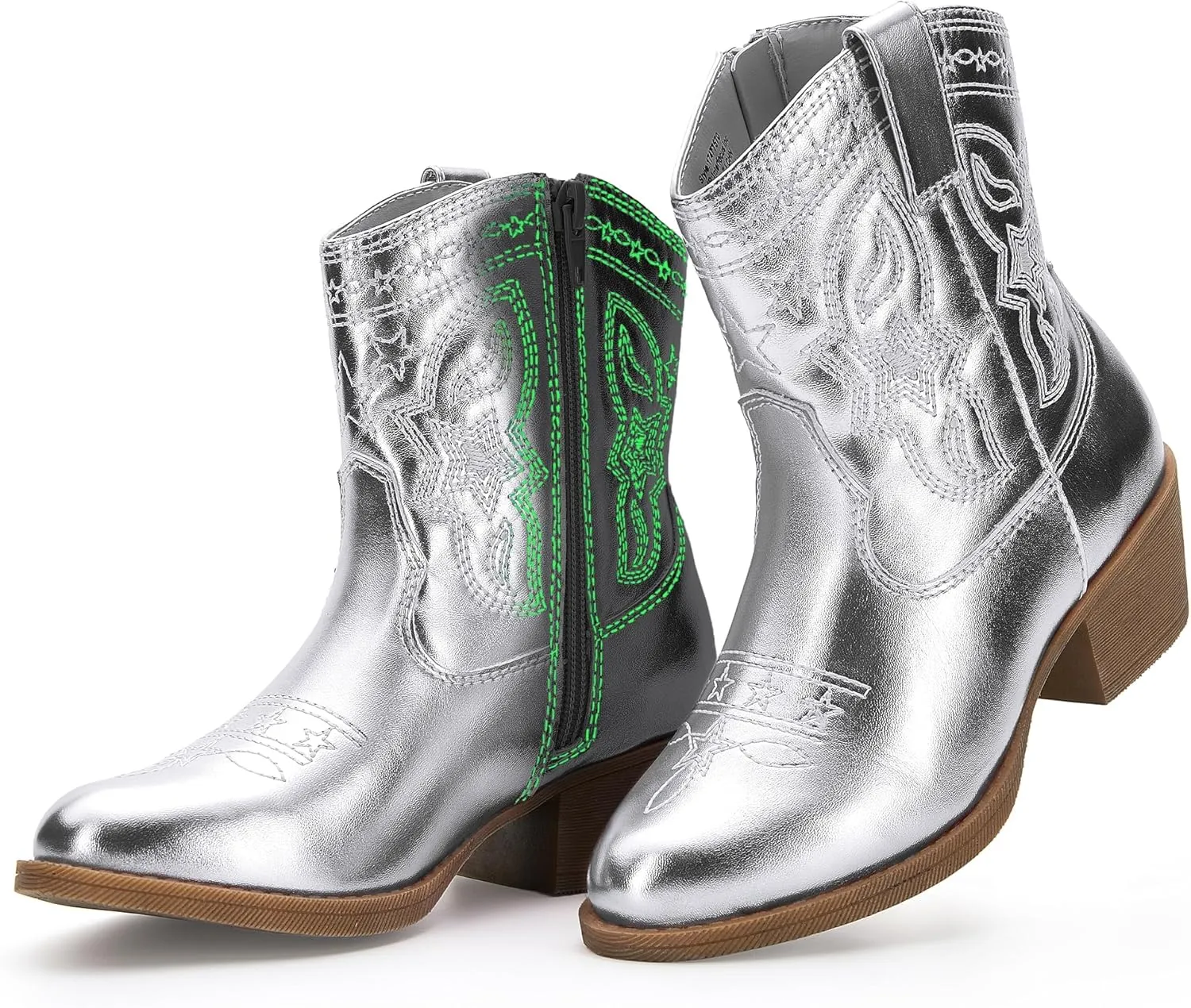 Cowgirl Boots Girls Little Big Kids Cowboy Western Boots Boys Metallic Horse Riding Shoes Short Calf Sparkly Star Embroidered Pointed Round Toe Side Zipper Low Heel Party Birthday Country Pull on