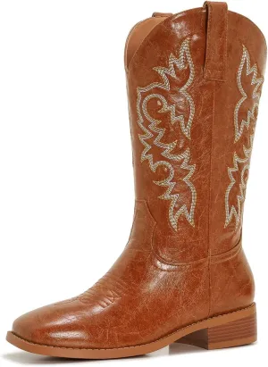 Cowgirl Boots Square Toe Cowboy Boots For Women Ladies Mid Calf Low Heel Flat