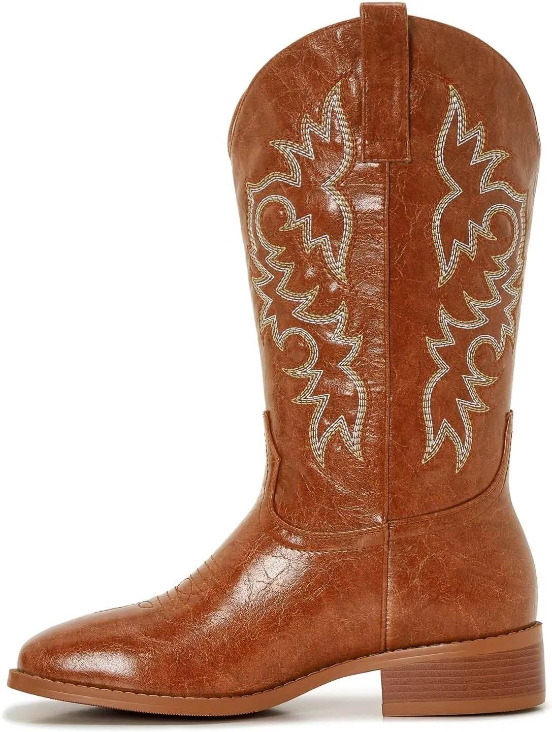 Cowgirl Boots Square Toe Cowboy Boots For Women Ladies Mid Calf Low Heel Flat