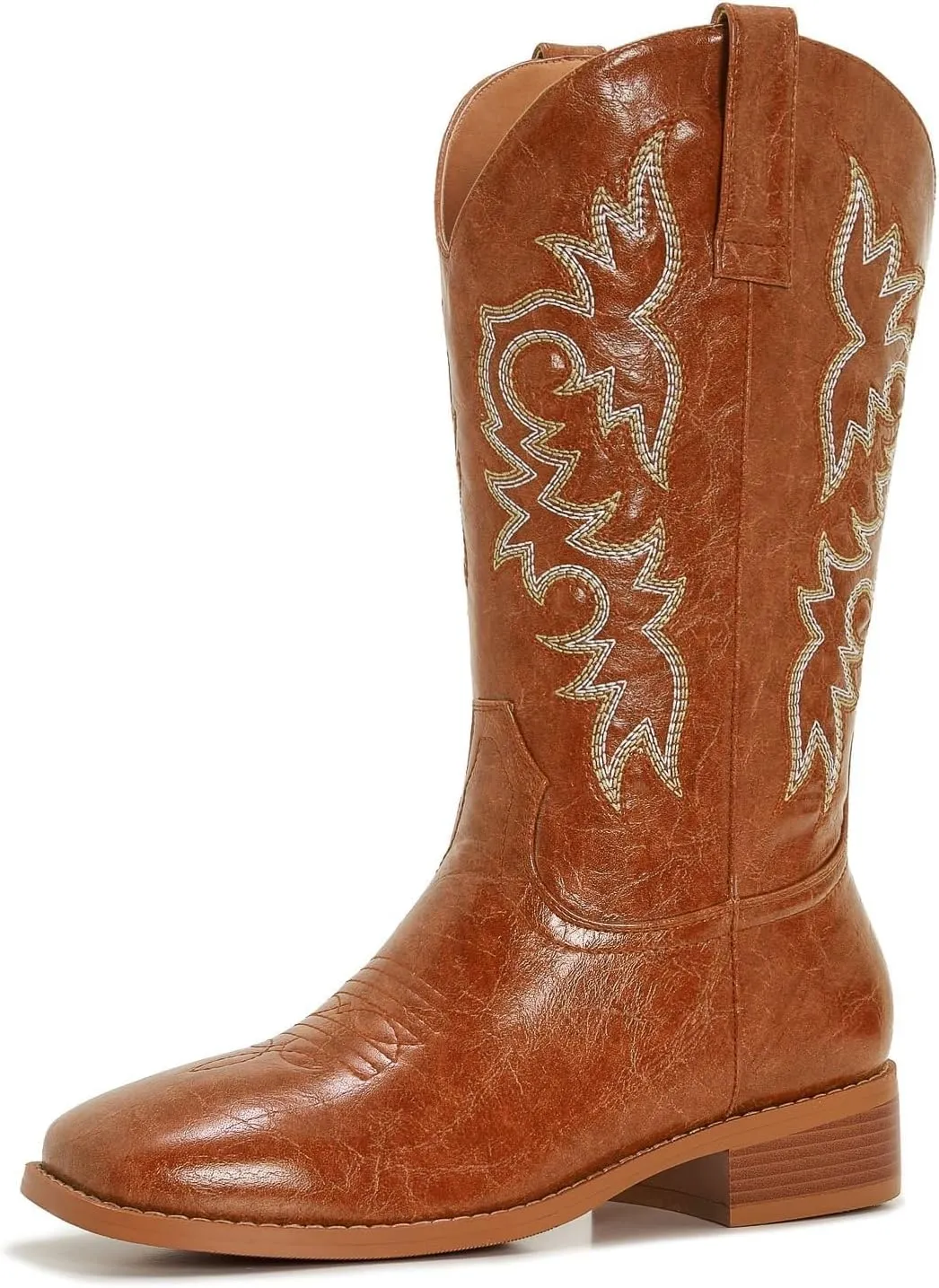 Cowgirl Boots Square Toe Cowboy Boots For Women Ladies Mid Calf Low Heel Flat