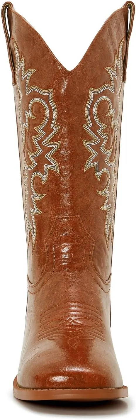 Cowgirl Boots Square Toe Cowboy Boots For Women Ladies Mid Calf Low Heel Flat
