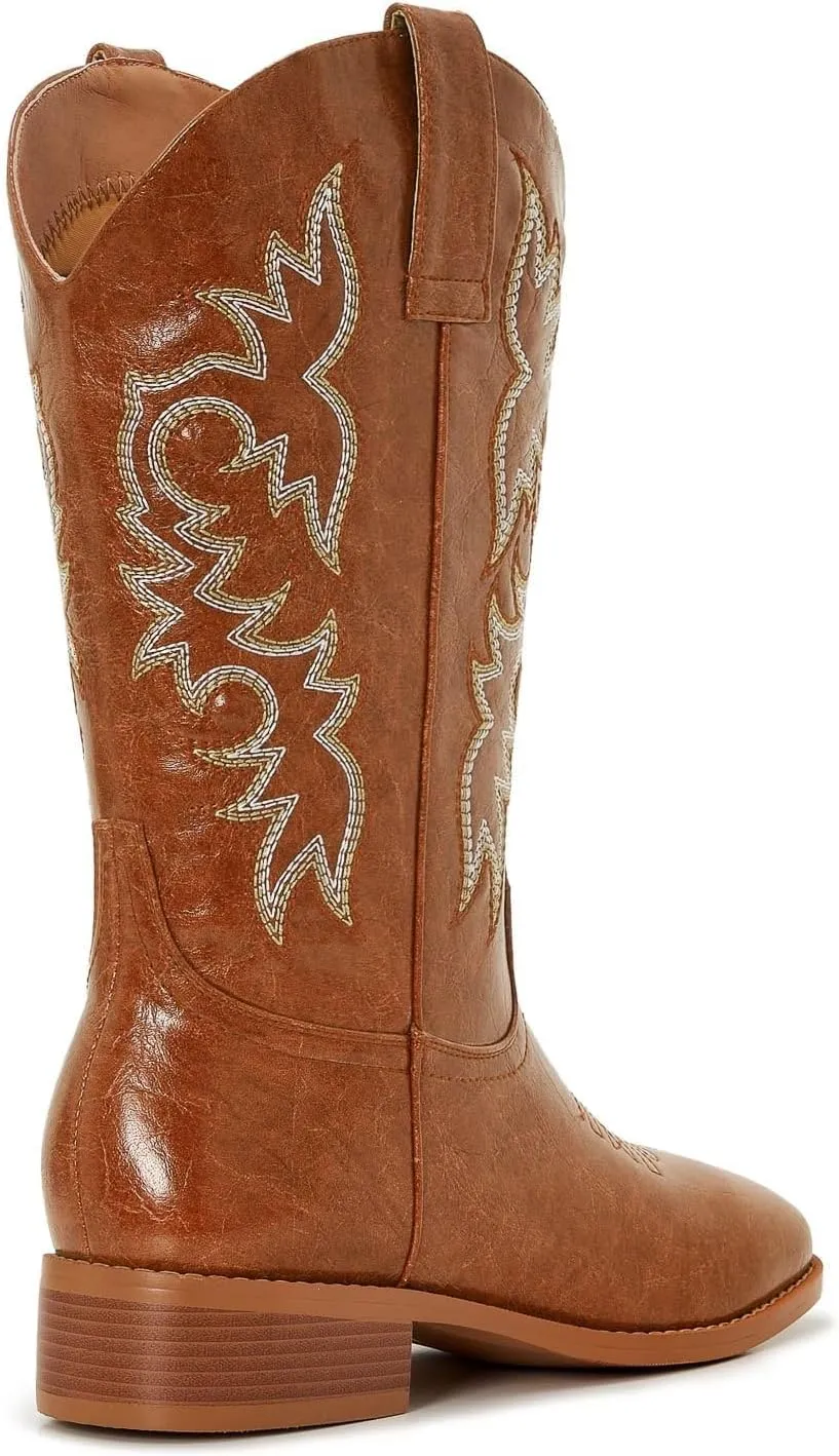 Cowgirl Boots Square Toe Cowboy Boots For Women Ladies Mid Calf Low Heel Flat