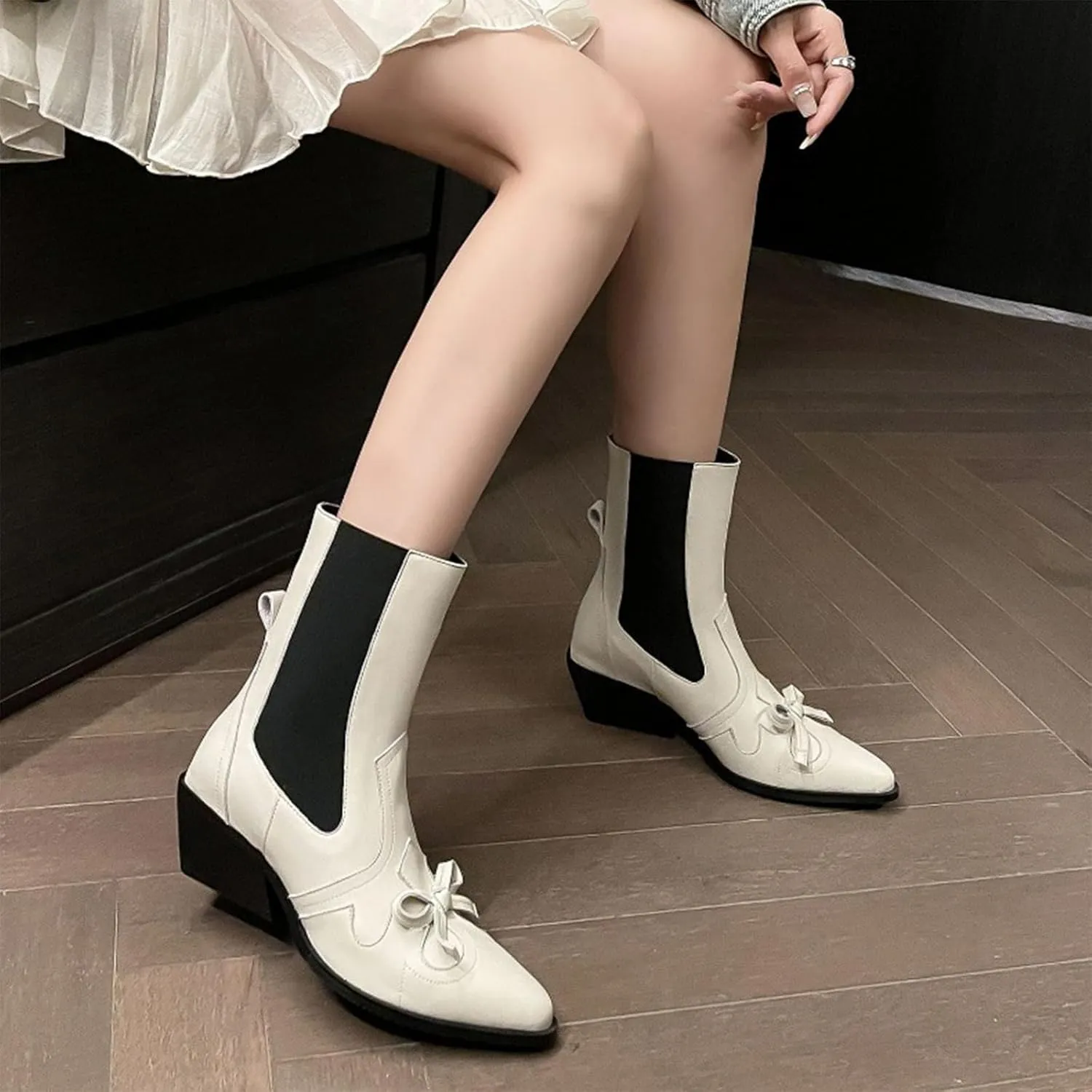 Cowhide Short Boots,Pointed Thick Heel Boots,Sweet Bow Decoration,Pigskin Lining,Sheepskin Insole,Comfortable Women's Boots