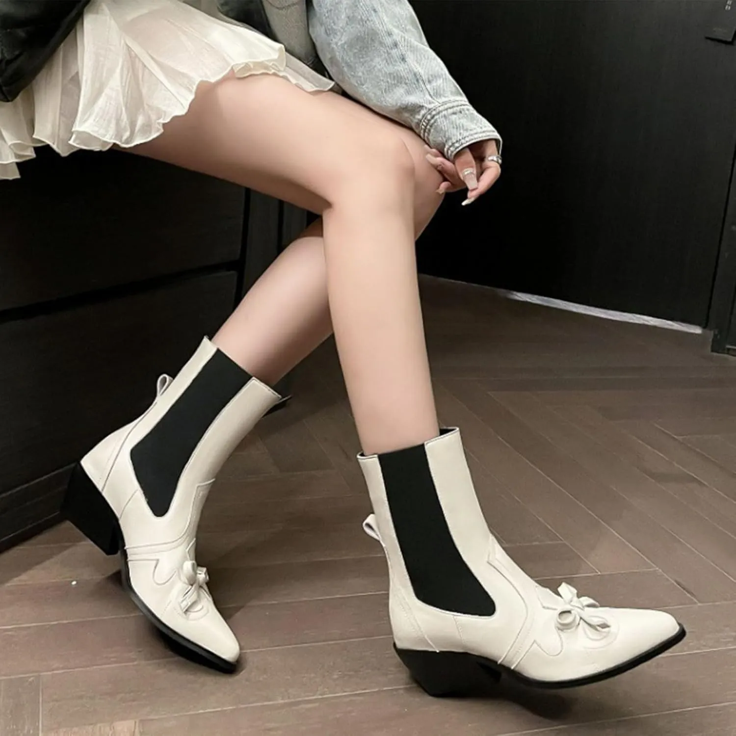 Cowhide Short Boots,Pointed Thick Heel Boots,Sweet Bow Decoration,Pigskin Lining,Sheepskin Insole,Comfortable Women's Boots