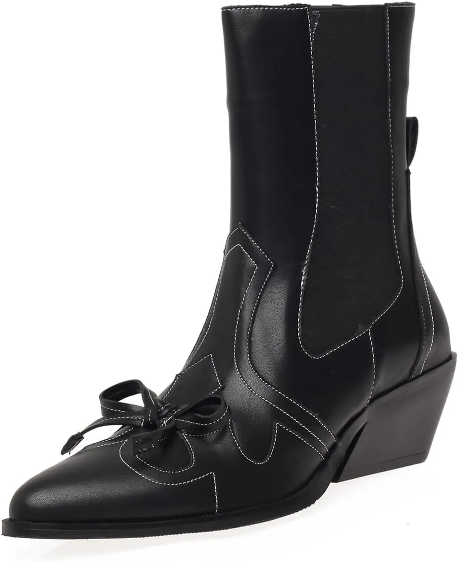 Cowhide Short Boots,Pointed Thick Heel Boots,Sweet Bow Decoration,Pigskin Lining,Sheepskin Insole,Comfortable Women's Boots