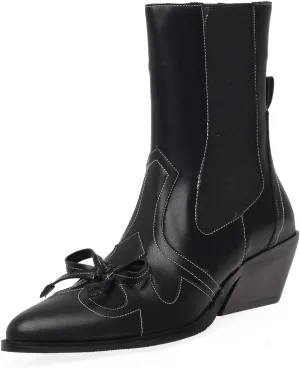Cowhide Short Boots,Pointed Thick Heel Boots,Sweet Bow Decoration,Pigskin Lining,Sheepskin Insole,Comfortable Women's Boots