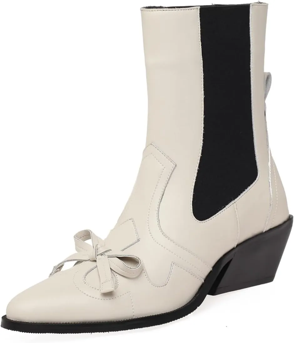 Cowhide Short Boots,Pointed Thick Heel Boots,Sweet Bow Decoration,Pigskin Lining,Sheepskin Insole,Comfortable Women's Boots