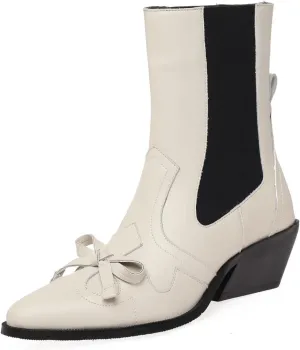 Cowhide Short Boots,Pointed Thick Heel Boots,Sweet Bow Decoration,Pigskin Lining,Sheepskin Insole,Comfortable Women's Boots